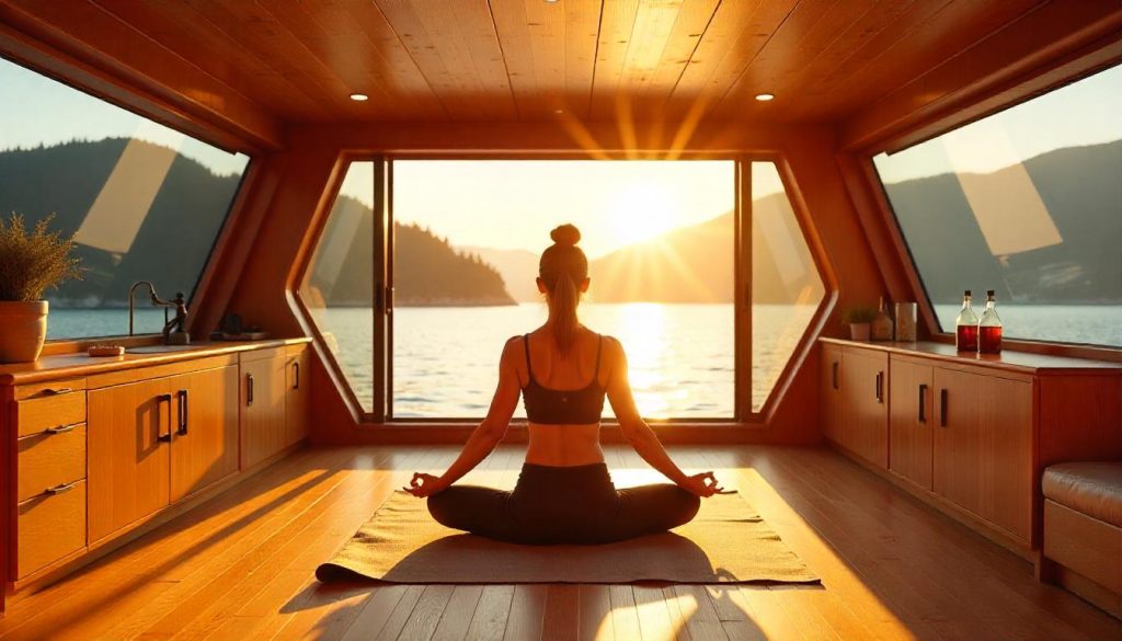Yoga in a cabin during modern yacht interior developments in Desolation Sound.